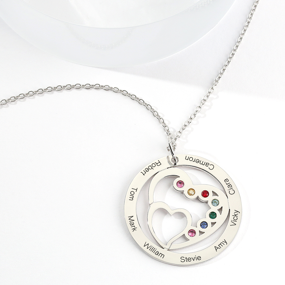 Round and Heart Engraved Necklace with Custom Birthstones- mikcustom.com