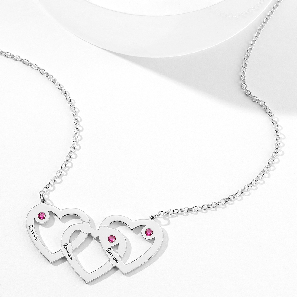 S925 Silver Custom Triple Heart Engraved Name Necklace With Three Birthstones- mikcustom.com