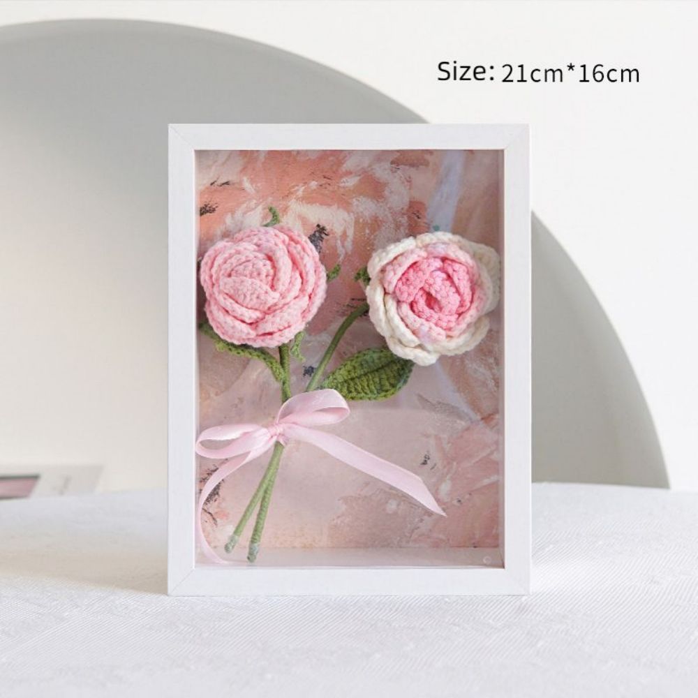Crochet Bouquets Photo Frame Handmade Knitted Flower Shadowbox Frame Desktop Decoration- mikcustom.com
