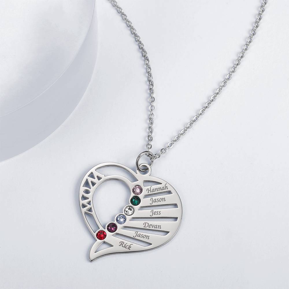 Engraved Family Name Necklace Custom Heart Birthstone Necklace for Mom- mikcustom.com
