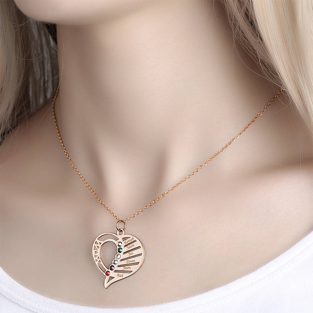 Engraved Family Name Necklace Custom Heart Birthstone Necklace for Mom- mikcustom.com