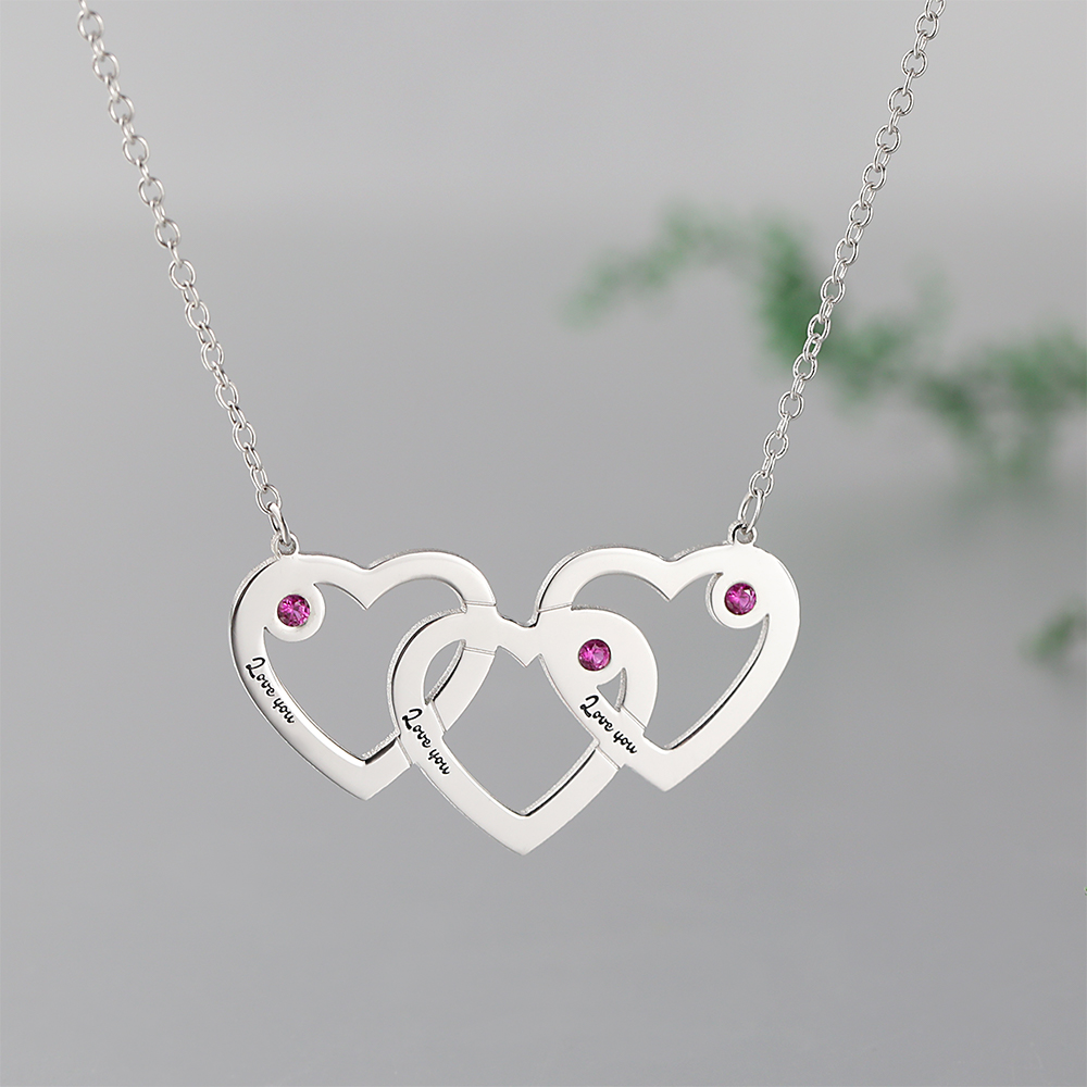 S925 Silver Custom Triple Heart Engraved Name Necklace With Three Birthstones- mikcustom.com