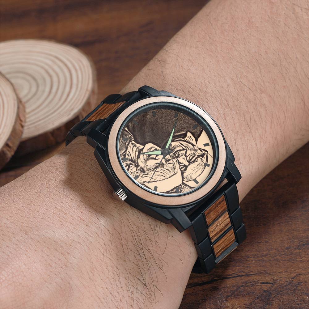 Personalized Engraved Photo Watch with Wood Strap 45mm- mikcustom.com