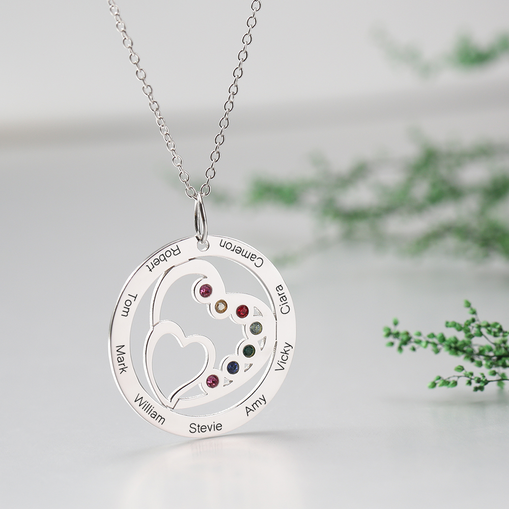 Round and Heart Engraved Necklace with Custom Birthstones- mikcustom.com