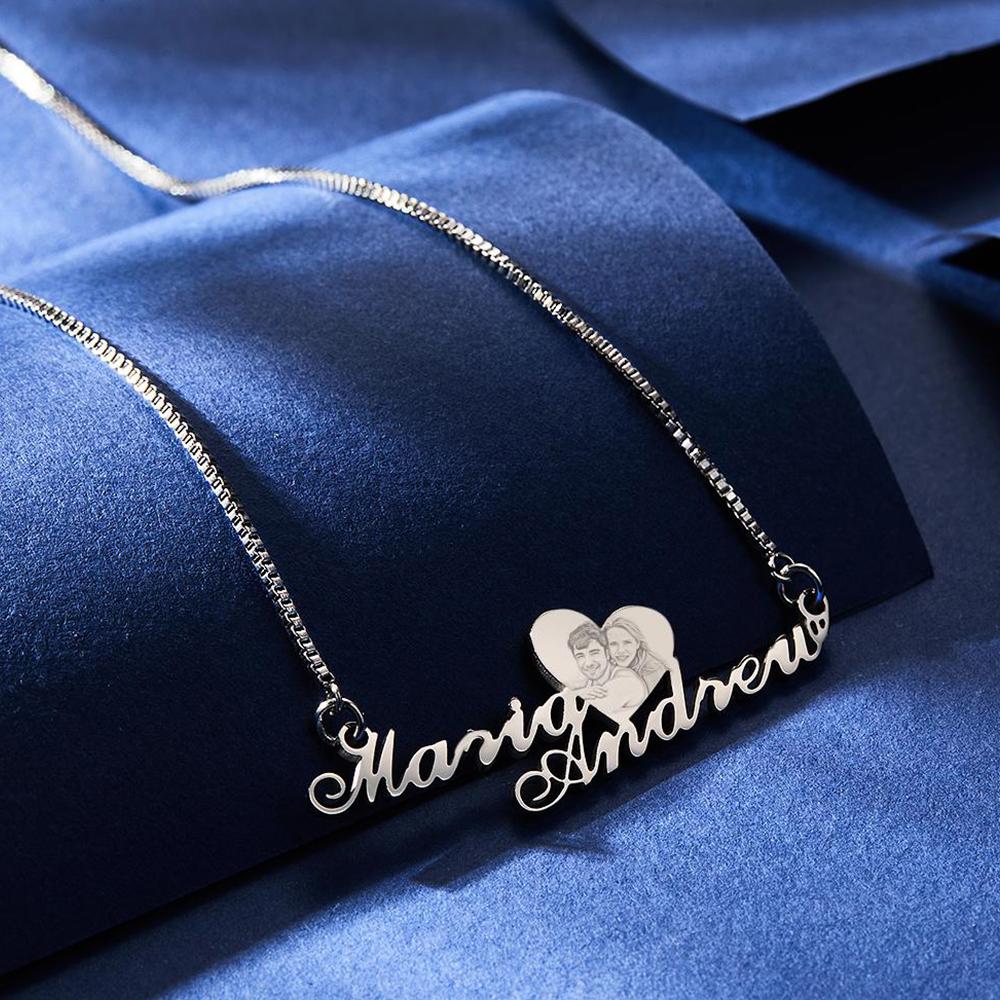 Custom Engraved Heart Photo Necklace Double Plated Name Necklace for Women- mikcustom.com