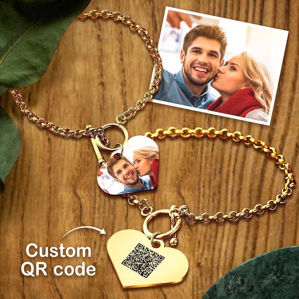 Custom QR Code Bracelets Personalised Photo Bracelet with Heart Pendant- mikcustom.com