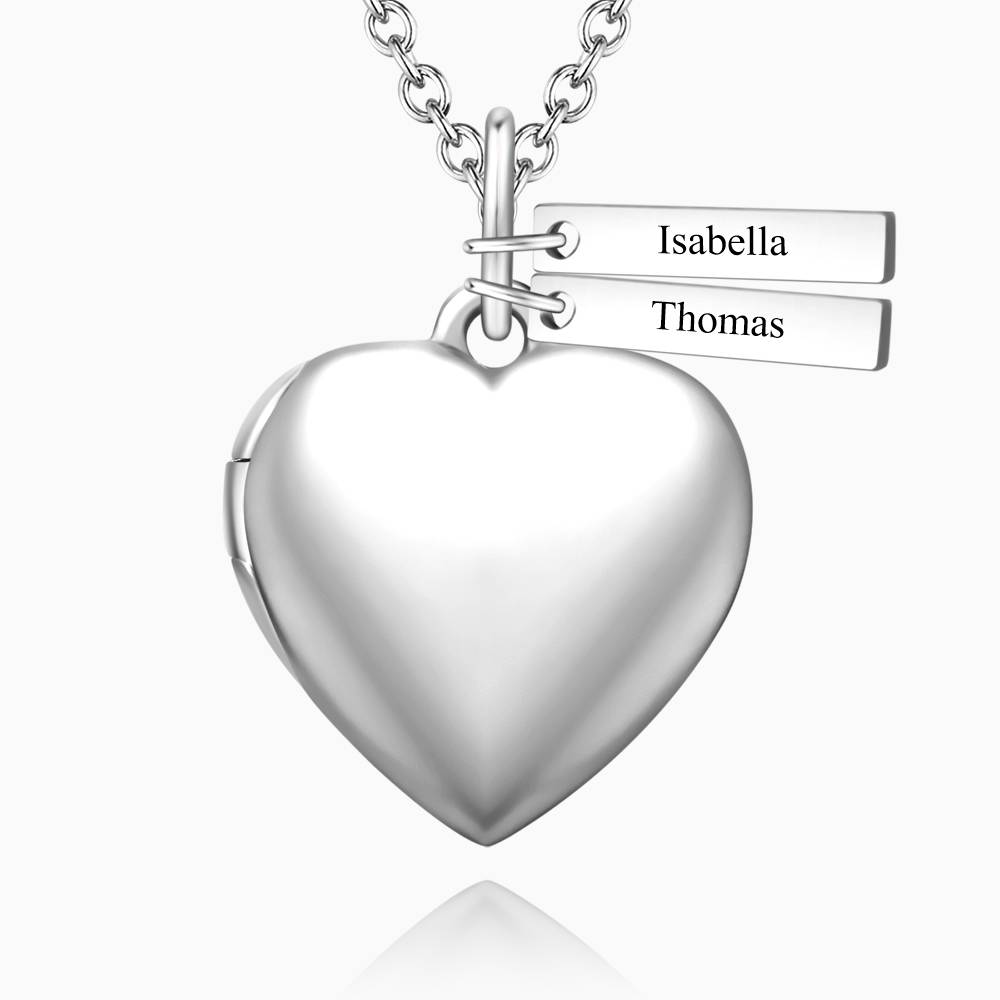 Custom Heart Photo Locket Necklace with Two Engraved Bars- mikcustom.com