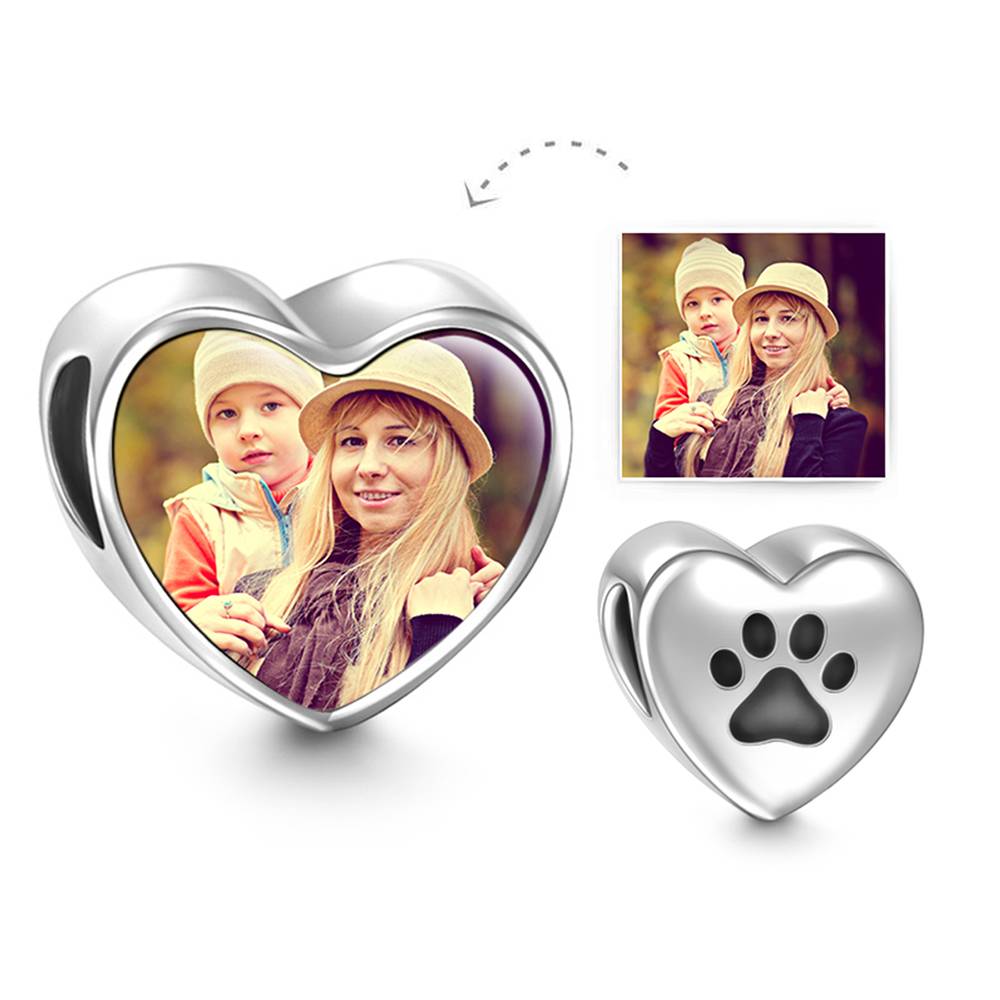 Paw Print Custom Heart Photo Charm Bead Pendant Silver- mikcustom.com