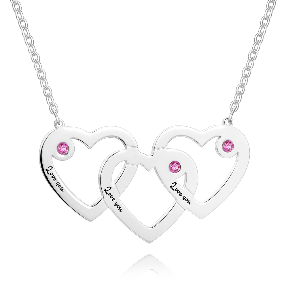 S925 Silver Custom Triple Heart Engraved Name Necklace With Three Birthstones- mikcustom.com