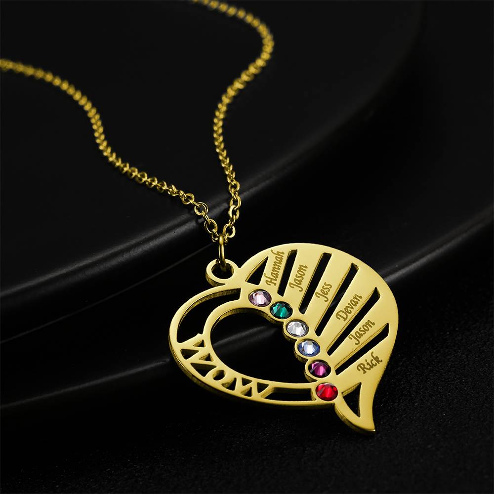 Engraved Family Name Necklace Custom Heart Birthstone Necklace for Mom- mikcustom.com
