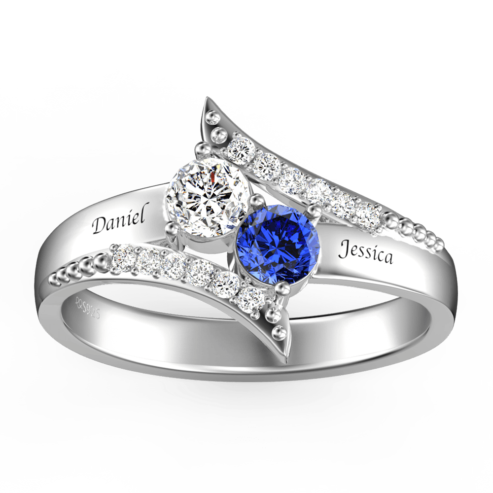 Personalized Two Birthstones Engraved Promise Ring 925 Sterling Silver- mikcustom.com