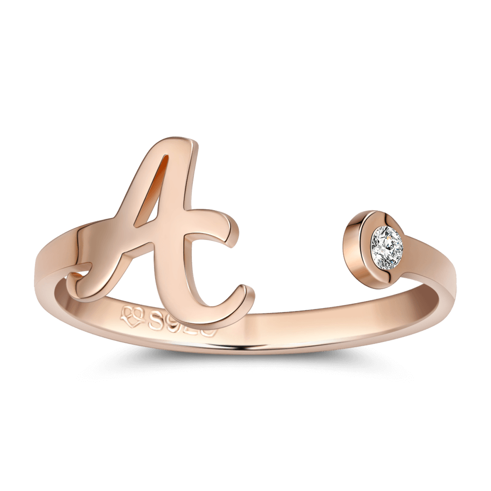 Custom Birthstone Initial Ring 925 Sterling Silver Rose Gold Plated- mikcustom.com