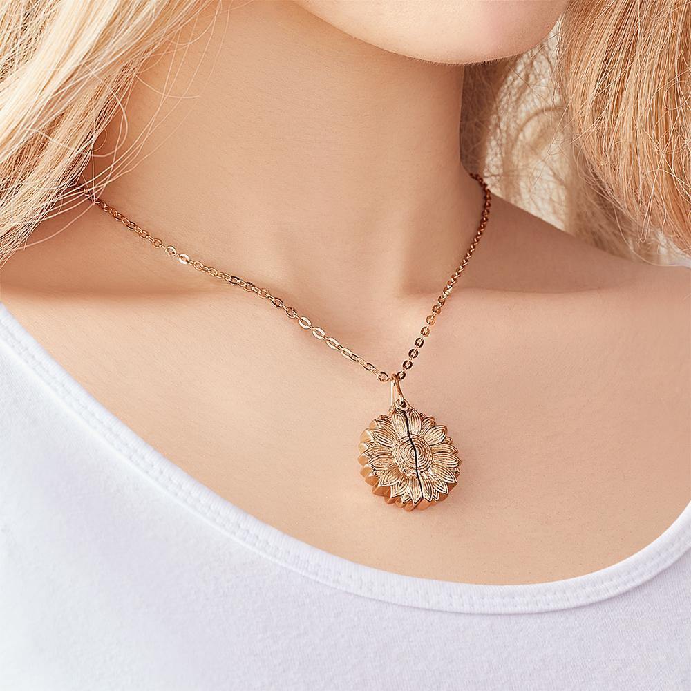 Custom Engraved Text Sunflower Locket Necklace- mikcustom.com