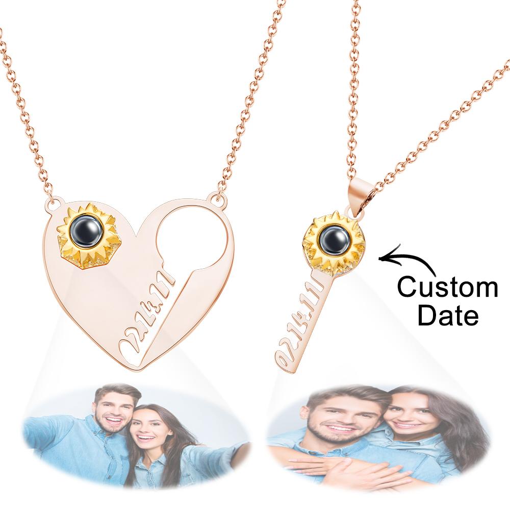 Custom Projection Necklace Personalized Date Key of Heart Couple Necklace- mikcustom.com