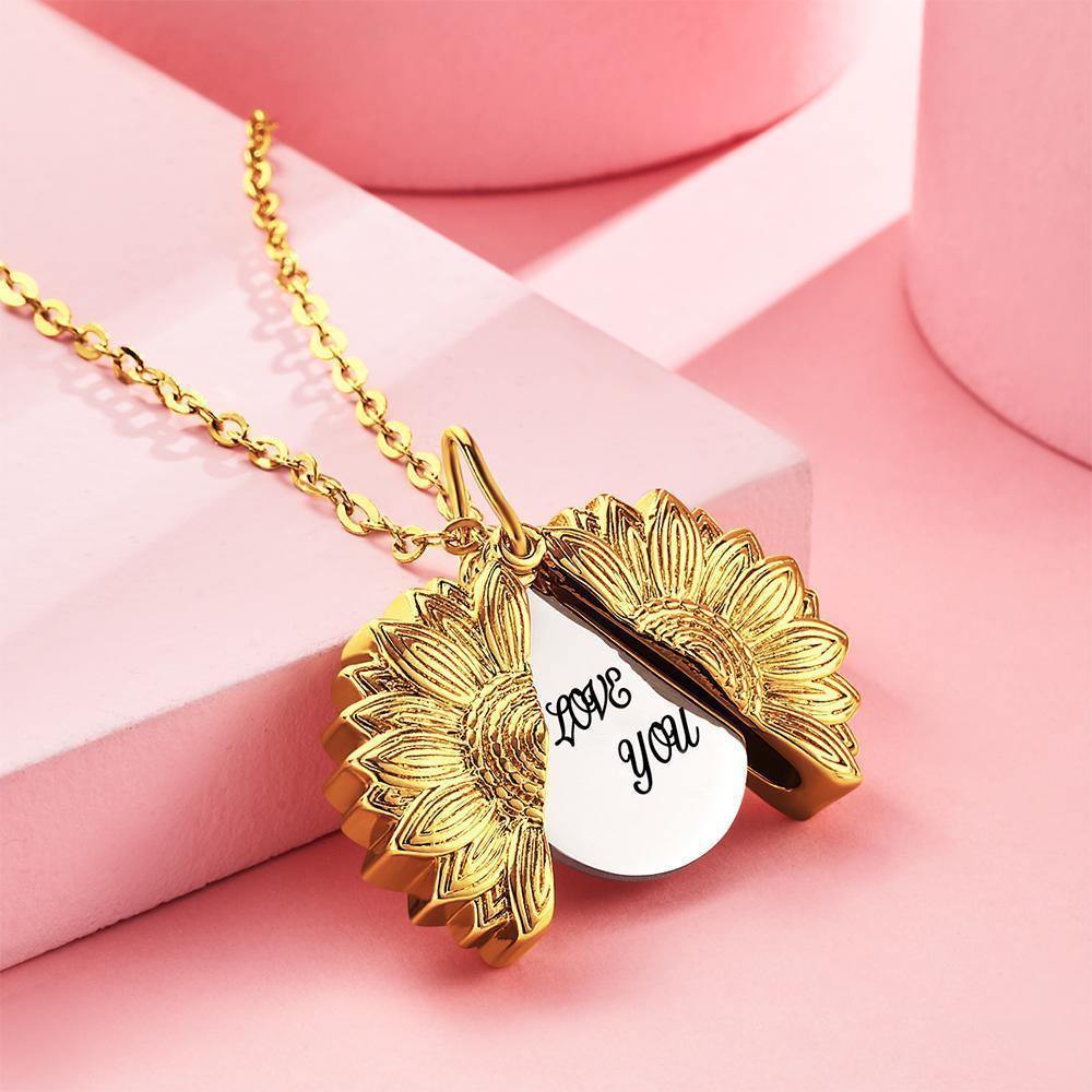 Custom Engraved Text Sunflower Locket Necklace- mikcustom.com