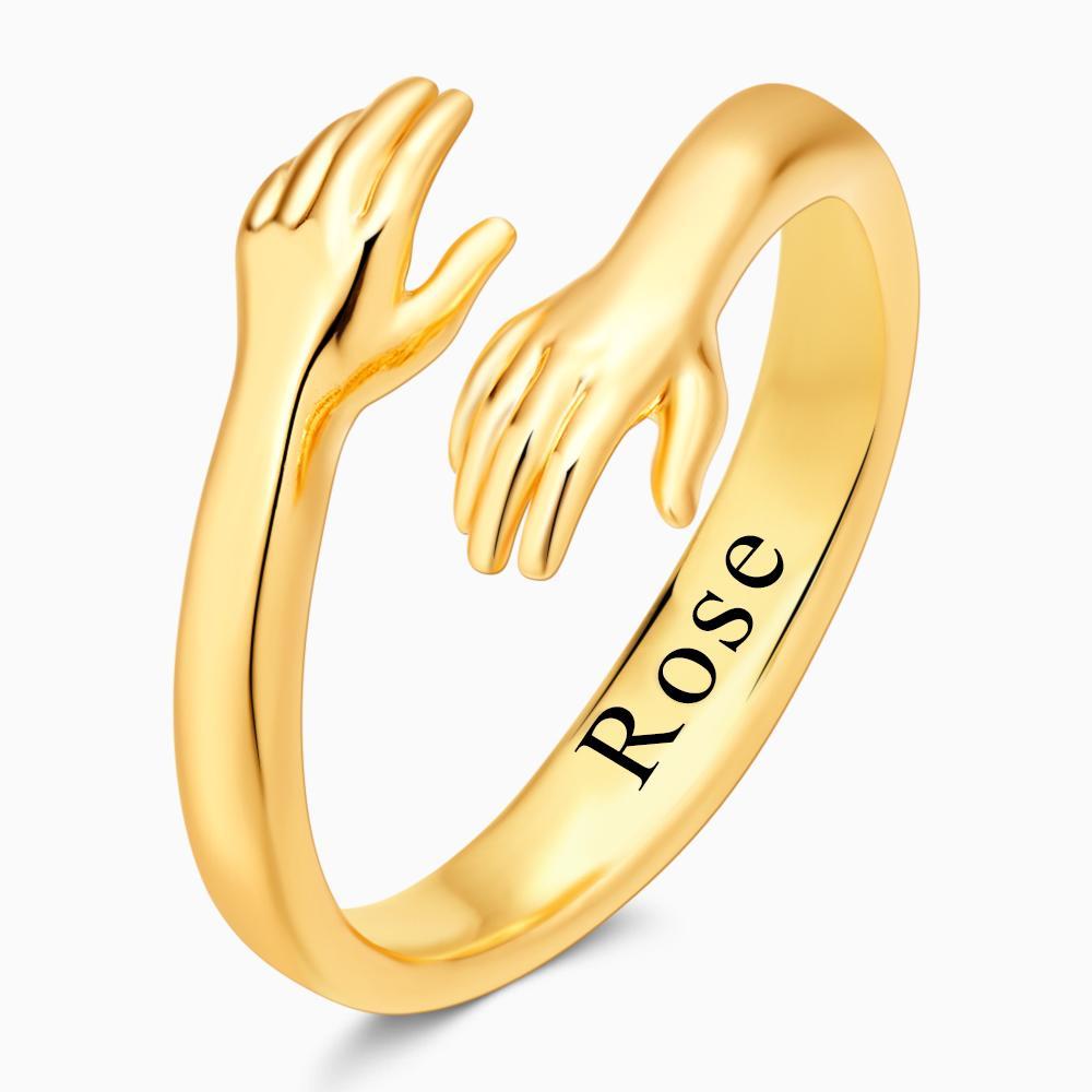Custom Name Hug Rings Engraved Hugging Hands Open Ring Stainless Steel- mikcustom.com