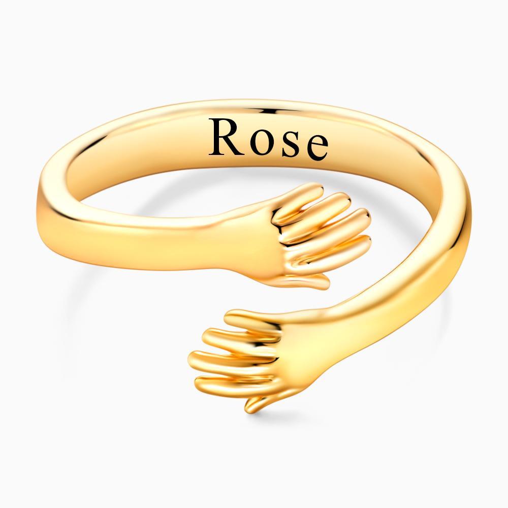 Custom Name Hug Rings Engraved Hugging Hands Open Ring Stainless Steel- mikcustom.com