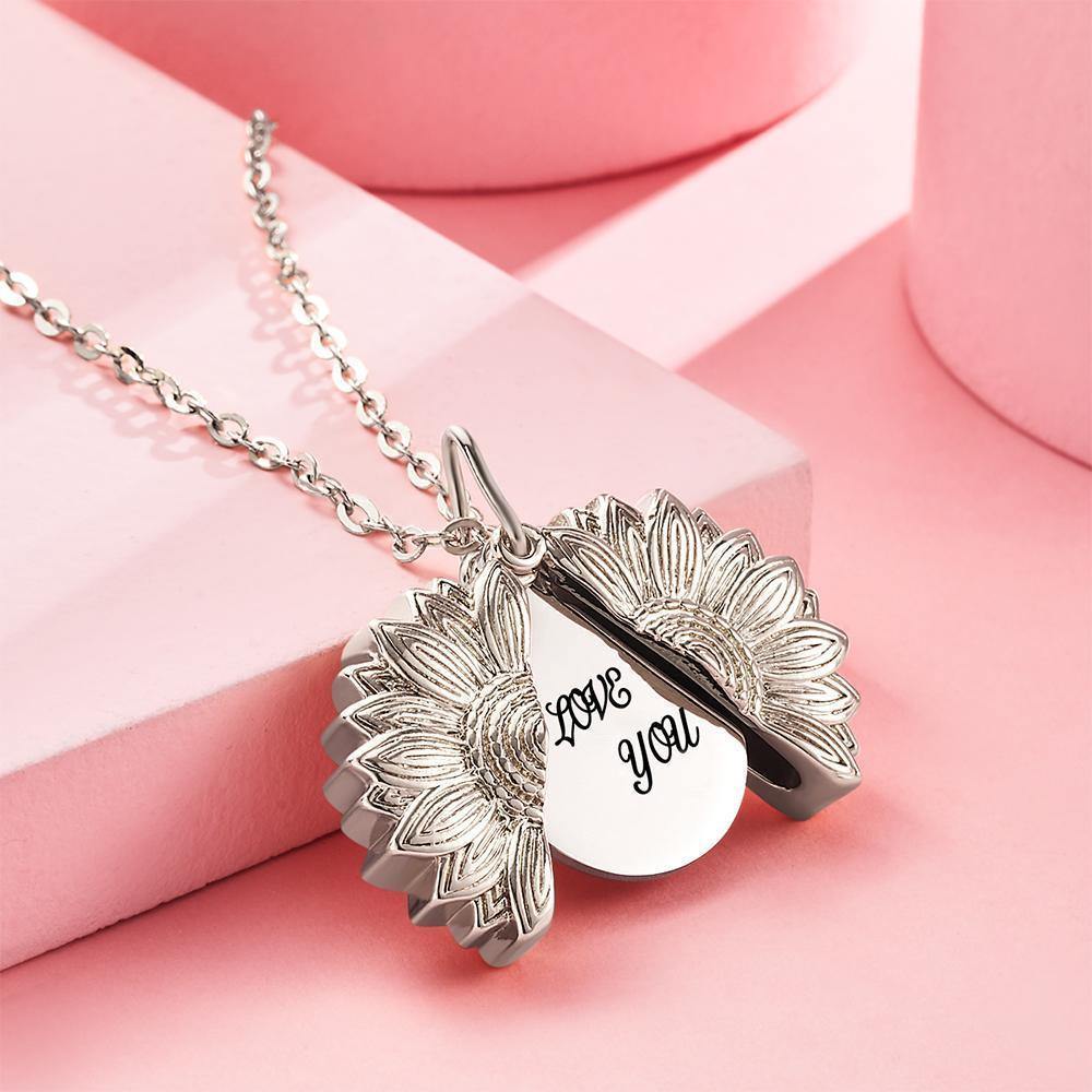 Custom Engraved Text Sunflower Locket Necklace- mikcustom.com