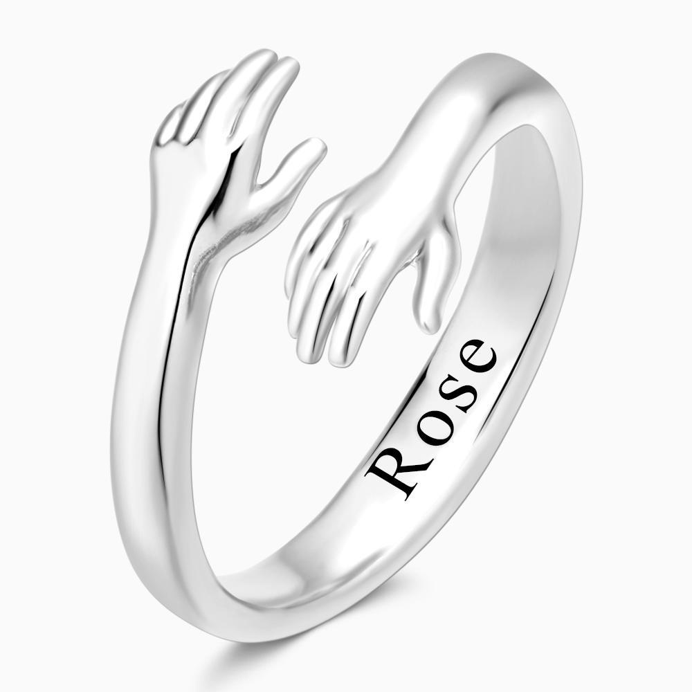 Custom Name Hug Rings Engraved Hugging Hands Open Ring Stainless Steel- mikcustom.com