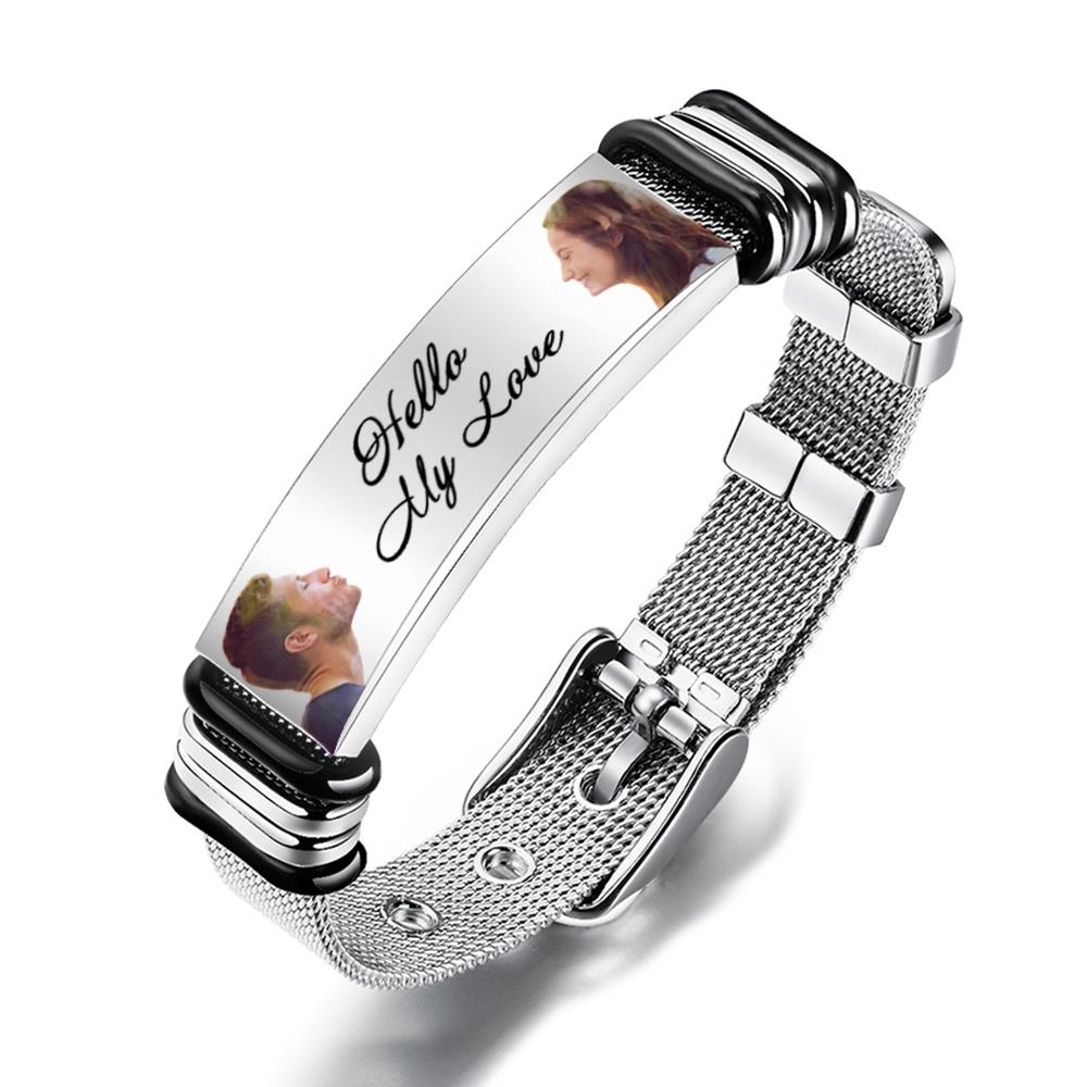 Custom Engraved Mens Bracelet with Two Pictures and Text- mikcustom.com