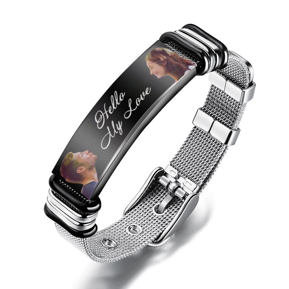 Custom Engraved Mens Bracelet with Two Pictures and Text- mikcustom.com