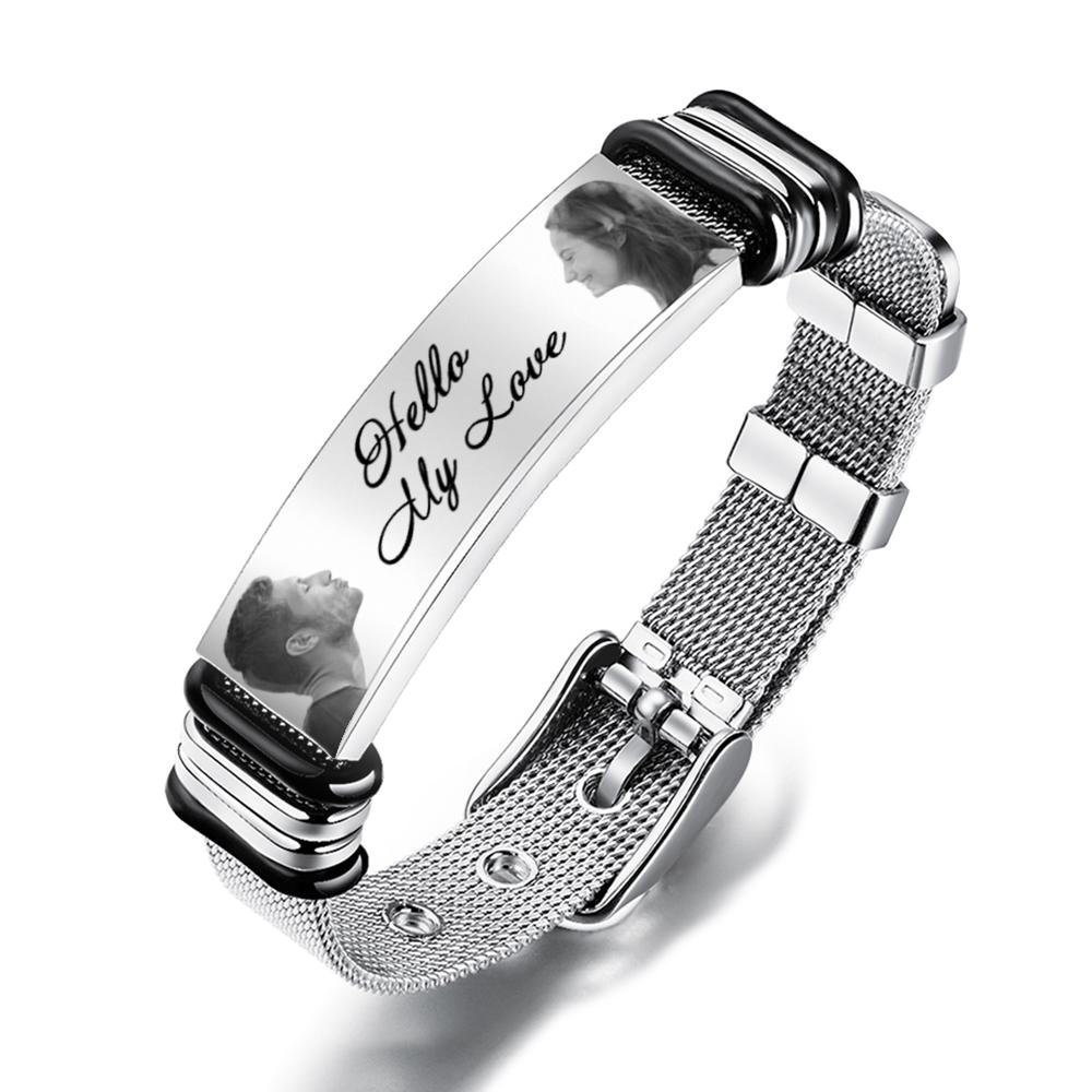 Custom Engraved Mens Bracelet with Two Pictures and Text- mikcustom.com