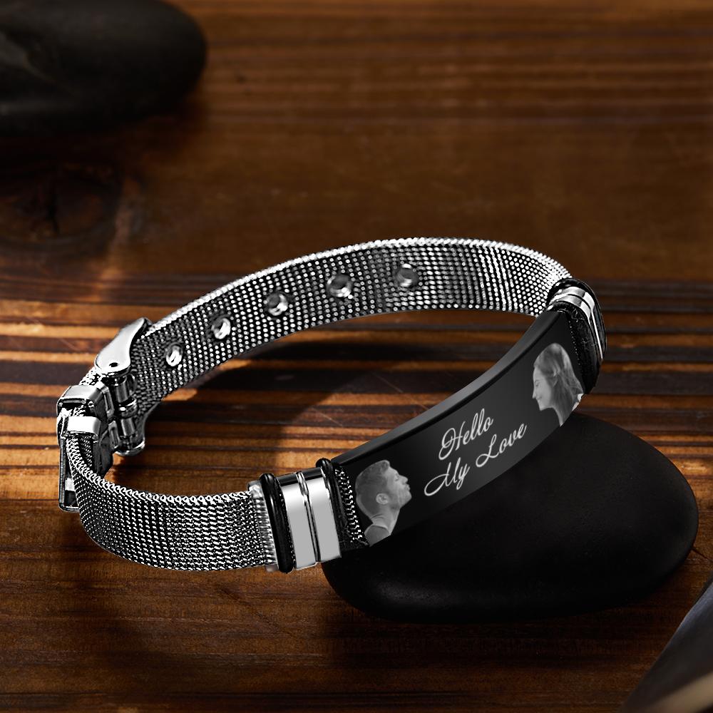 Custom Engraved Mens Bracelet with Two Pictures and Text- mikcustom.com