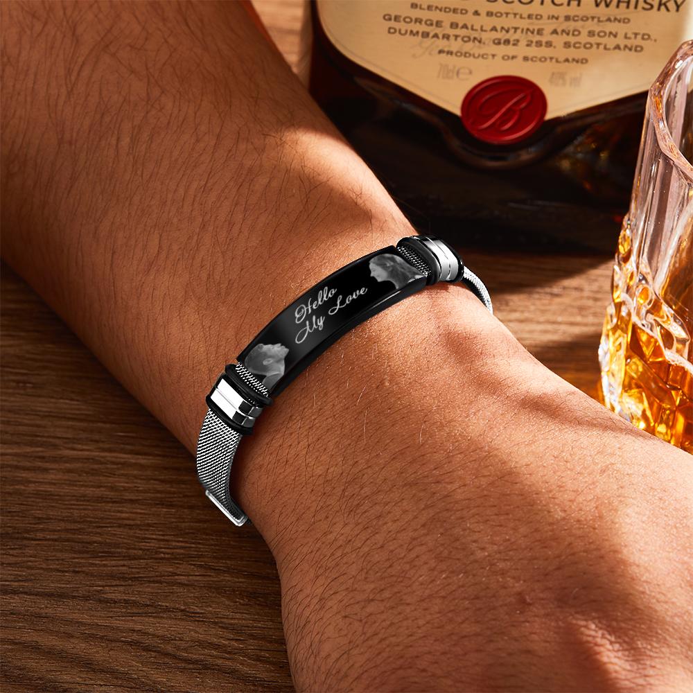 Custom Engraved Mens Bracelet with Two Pictures and Text- mikcustom.com