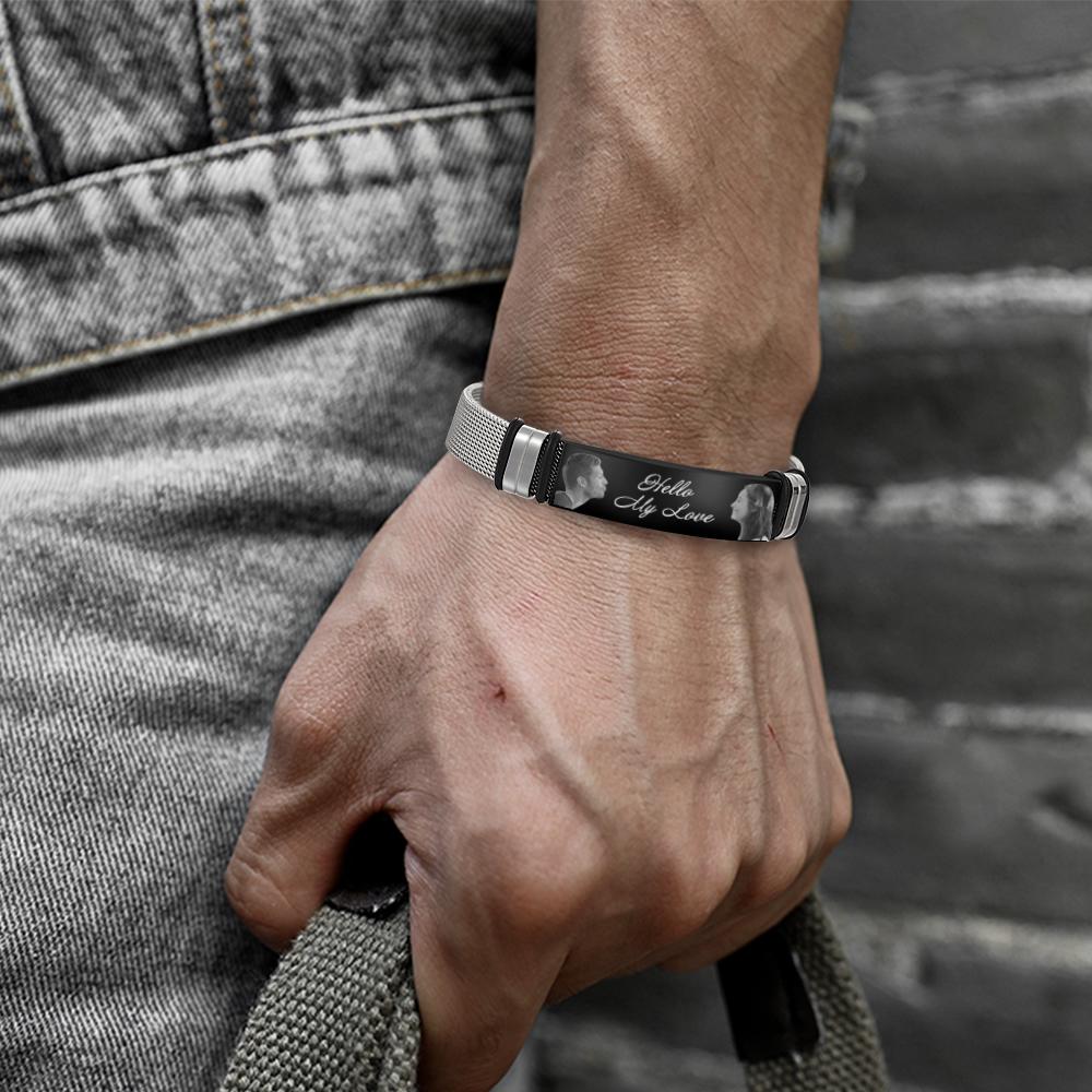 Custom Engraved Mens Bracelet with Two Pictures and Text- mikcustom.com