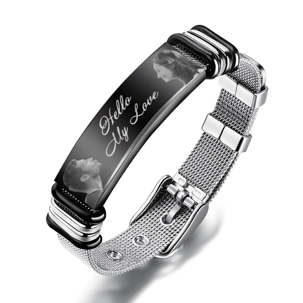 Custom Engraved Mens Bracelet with Two Pictures and Text- mikcustom.com