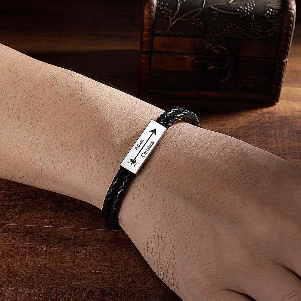 Men's Engraved Name Bracelet Custom Cable Leather Wrap Bracelet- mikcustom.com