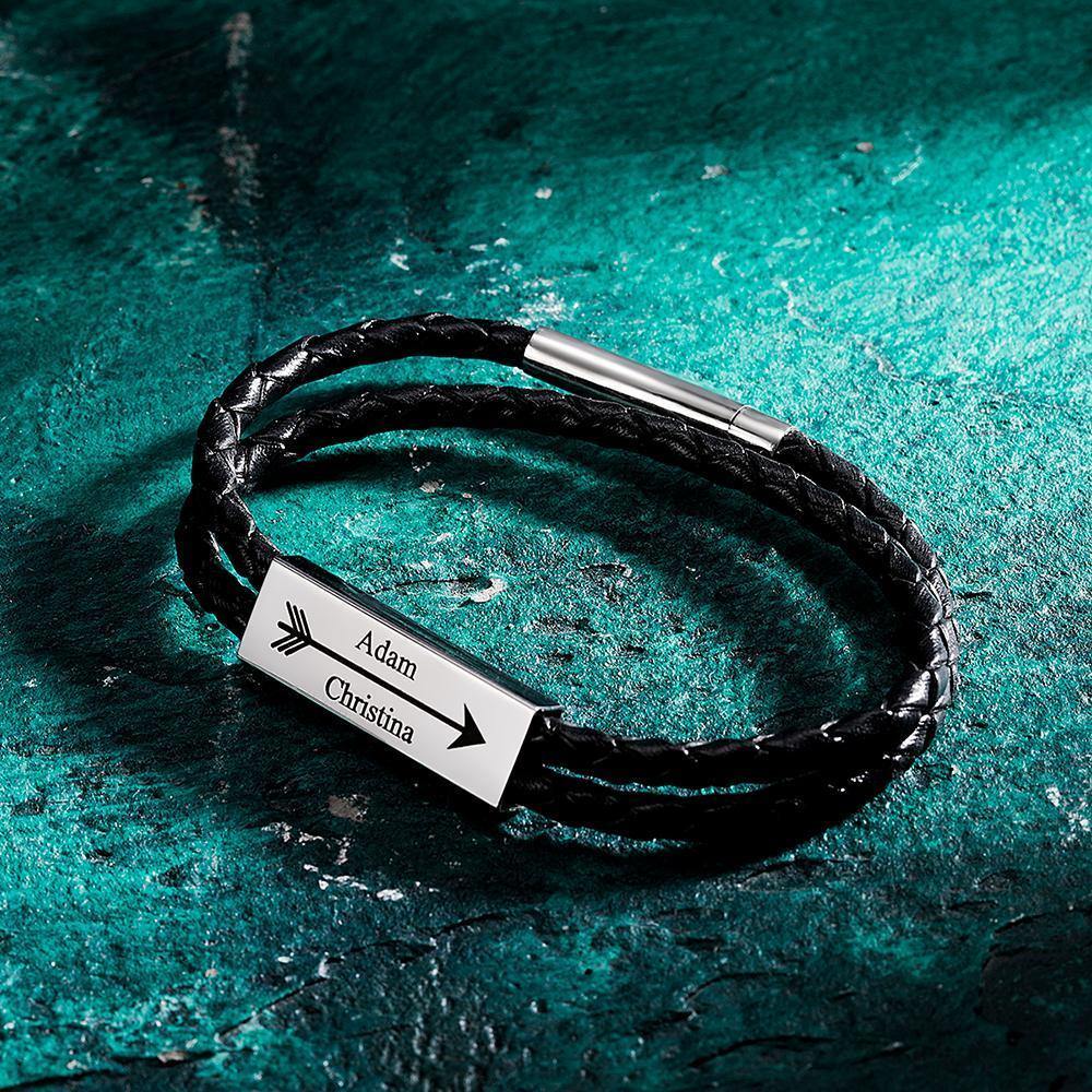 Men's Engraved Name Bracelet Custom Cable Leather Wrap Bracelet- mikcustom.com