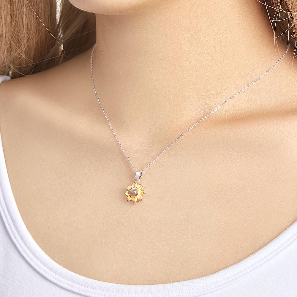 Custom Projection Photo Necklace Sunflower Pendant Necklaces 925 Sterling Silver- mikcustom.com
