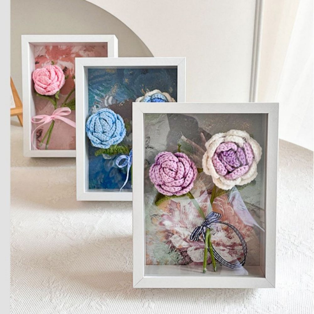 Crochet Bouquets Photo Frame Handmade Knitted Flower Shadowbox Frame Desktop Decoration- mikcustom.com