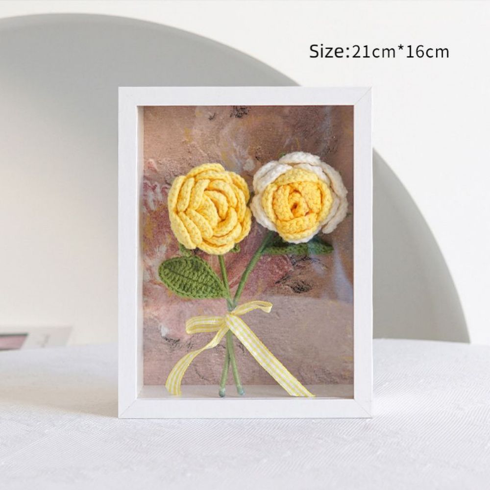 Crochet Bouquets Photo Frame Handmade Knitted Flower Shadowbox Frame Desktop Decoration- mikcustom.com