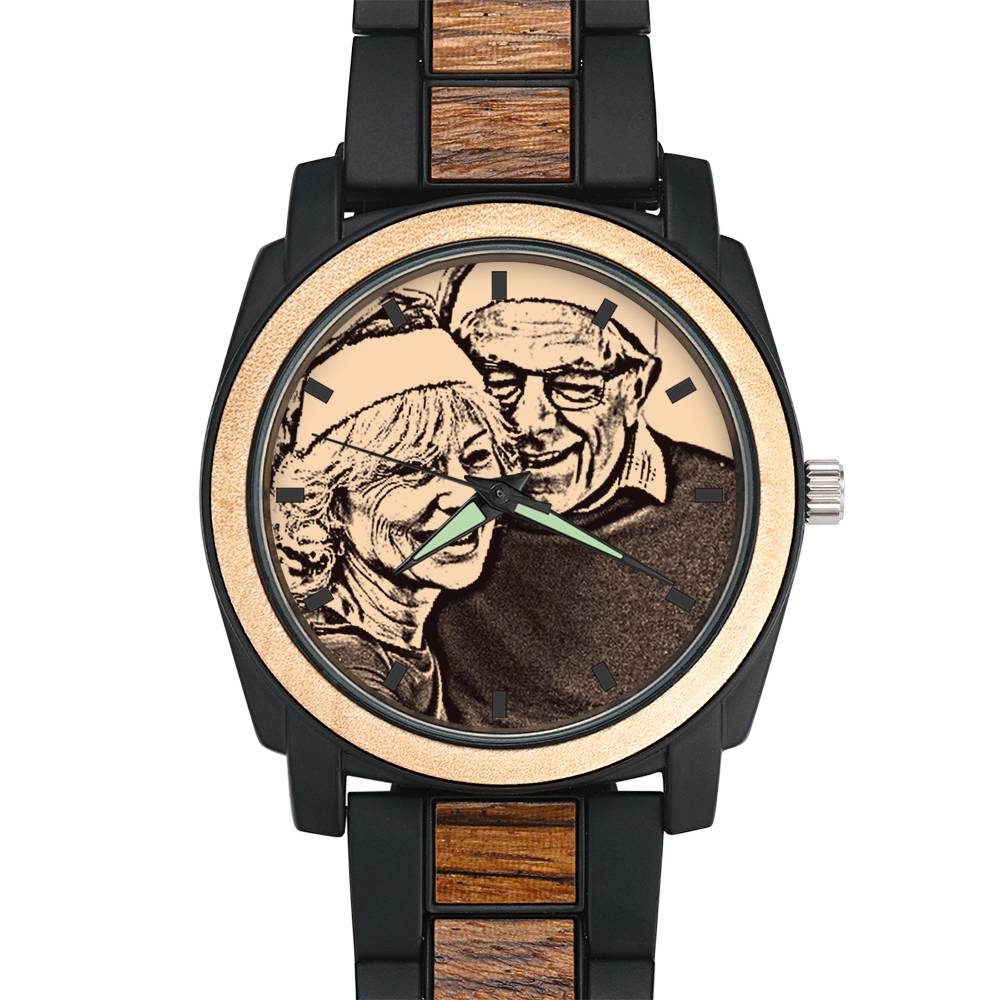Personalized Engraved Photo Watch with Wood Strap 45mm- mikcustom.com