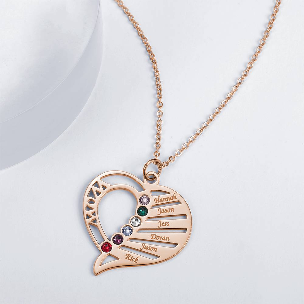 Engraved Family Name Necklace Custom Heart Birthstone Necklace for Mom- mikcustom.com