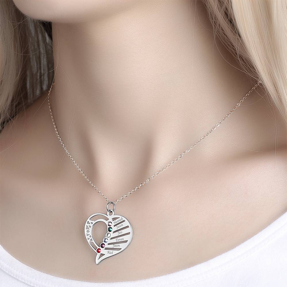 Engraved Family Name Necklace Custom Heart Birthstone Necklace for Mom- mikcustom.com