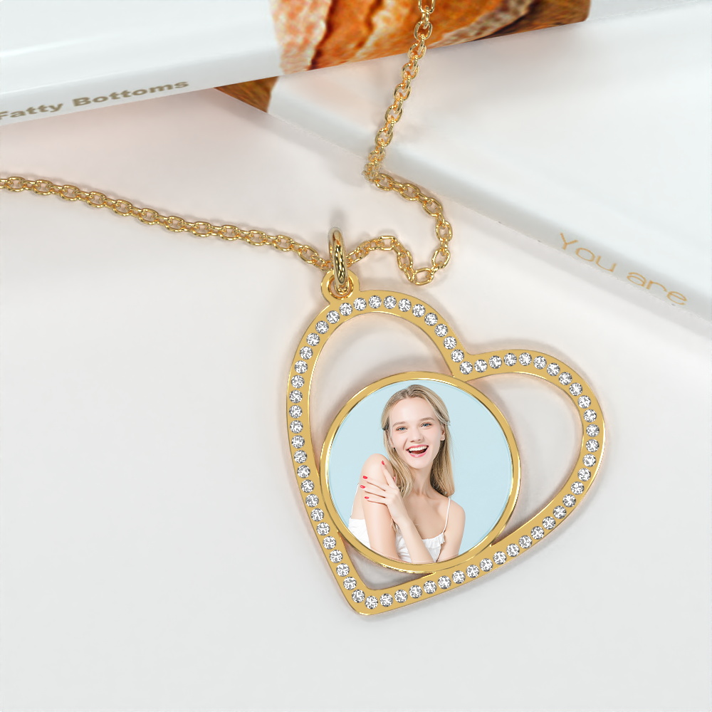 Custom Heart Pendant Inlaid Zircons Photo Necklace- mikcustom.com