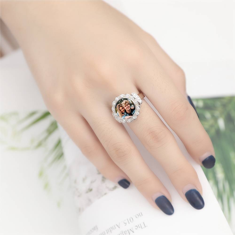 Custom Photo Ring Round Photo with Zircon Mother's Gift- mikcustom.com