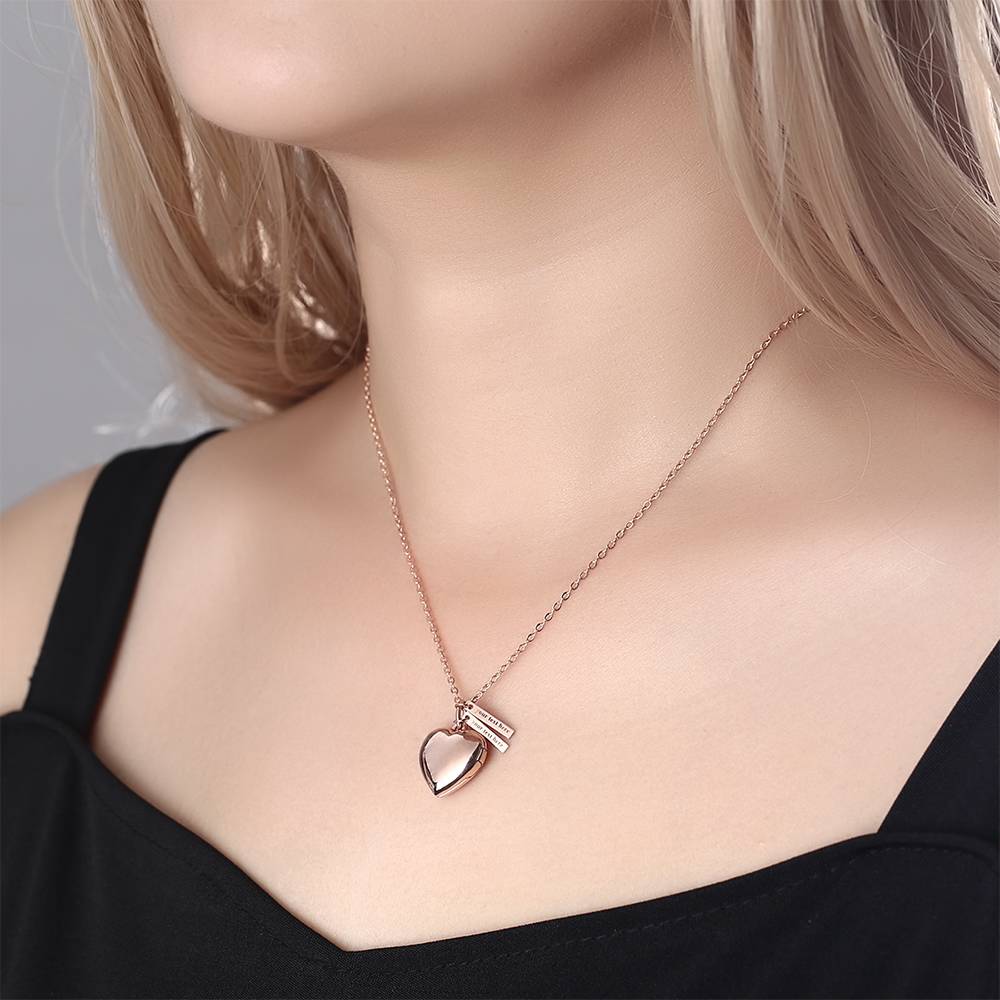 Custom Heart Photo Locket Necklace with Two Engraved Bars- mikcustom.com