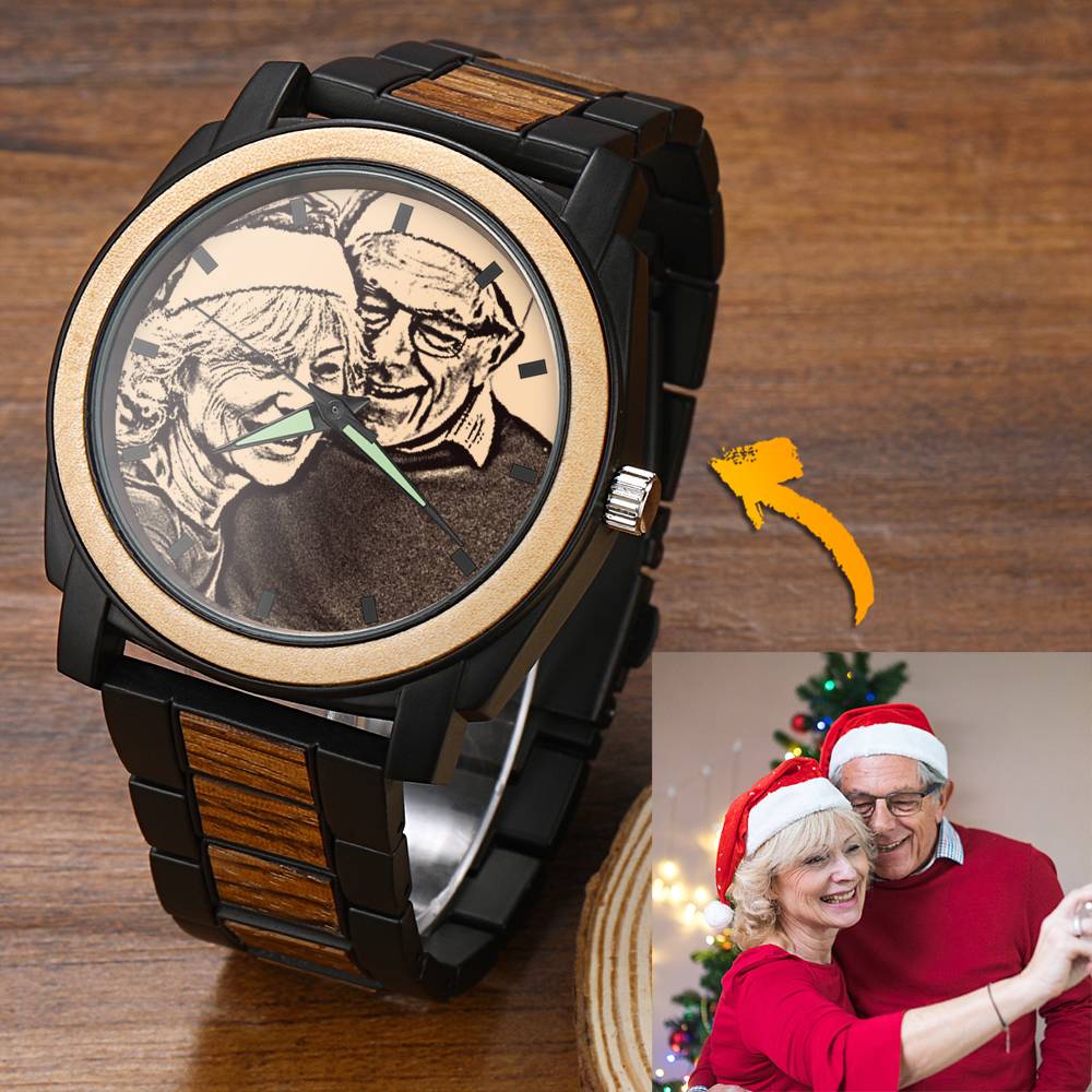 Personalized Engraved Photo Watch with Wood Strap 45mm- mikcustom.com