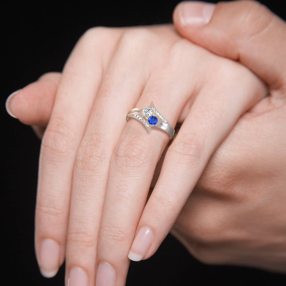 Personalized Two Birthstones Engraved Promise Ring 925 Sterling Silver- mikcustom.com