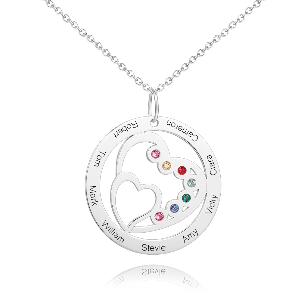 Round and Heart Engraved Necklace with Custom Birthstones- mikcustom.com