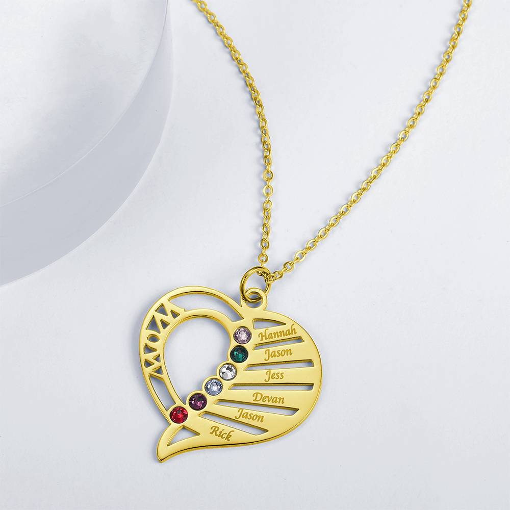 Engraved Family Name Necklace Custom Heart Birthstone Necklace for Mom- mikcustom.com