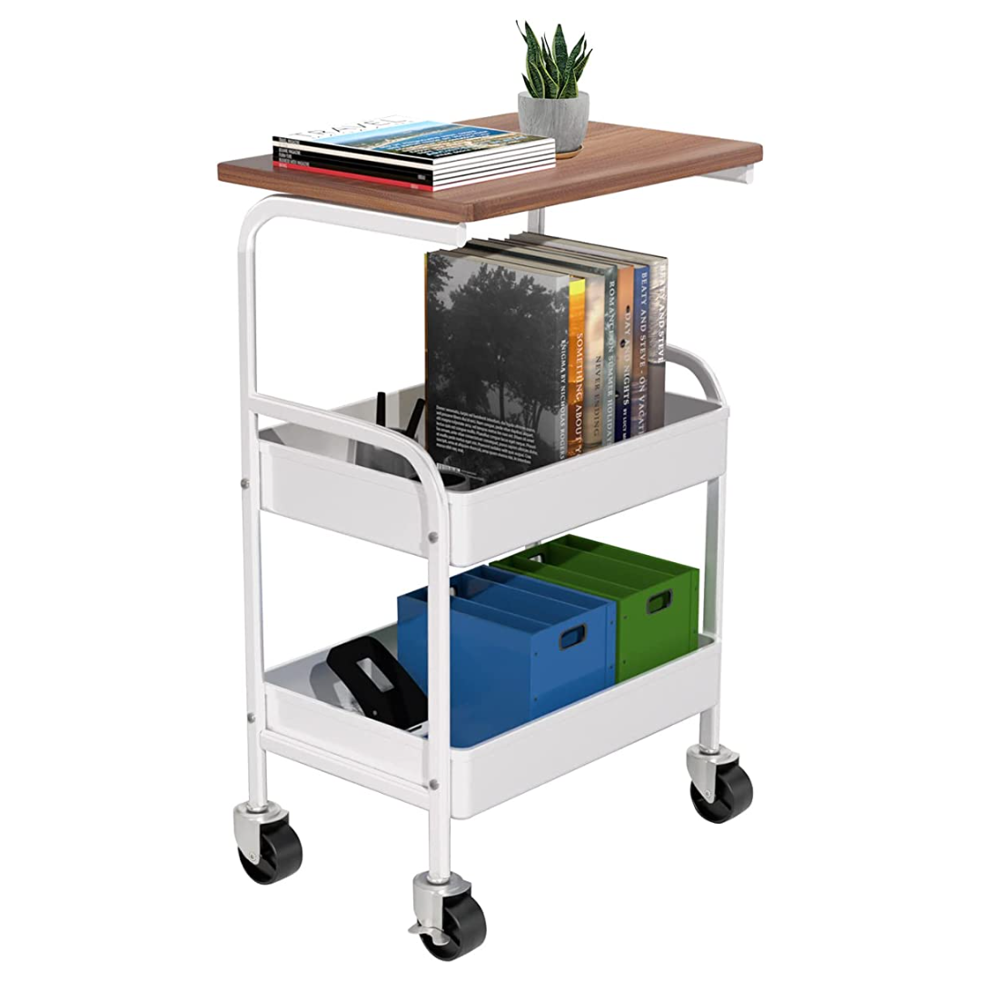 HIDODO Rolling Cart with Wooden Tabletop, 3 Tier Metal Utility Cart, Rolling Storage Organizer Cart with Lockable Wheels for Kitchen, Office, Bedroom (Black)