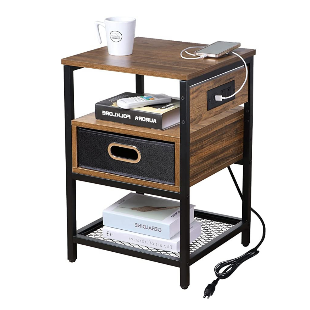 Nightstand with Charging Station Bedside Wooden End Table, Night Stands with Storage Drawer and Shelf 3-Tier, Rustic Brown Side Table for Bedroom, Living Room-Steel Frame and USB Ports