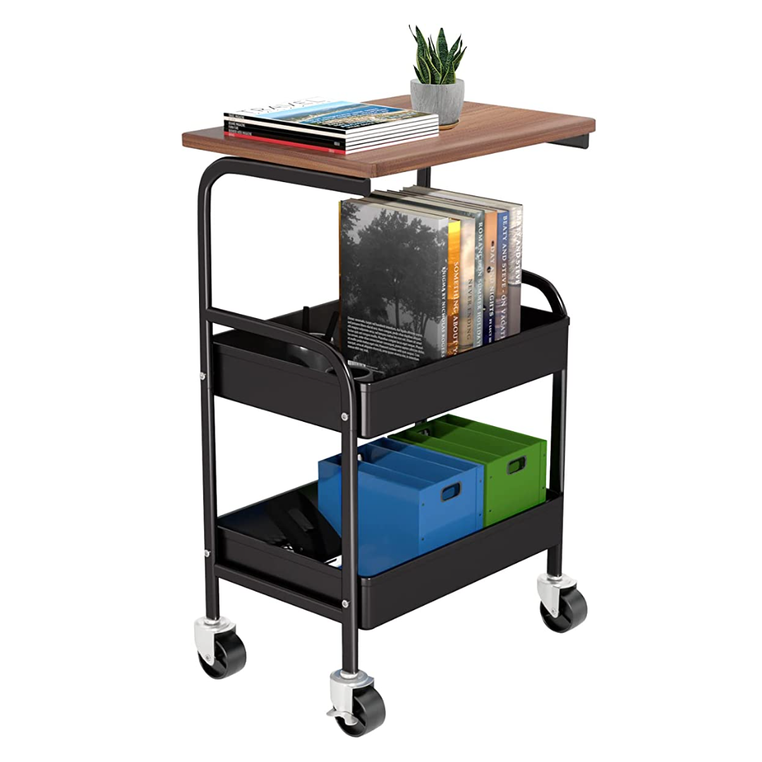 HIDODO Rolling Cart with Wooden Tabletop, 3 Tier Metal Utility Cart, Rolling Storage Organizer Cart with Lockable Wheels for Kitchen, Office, Bedroom (Black)