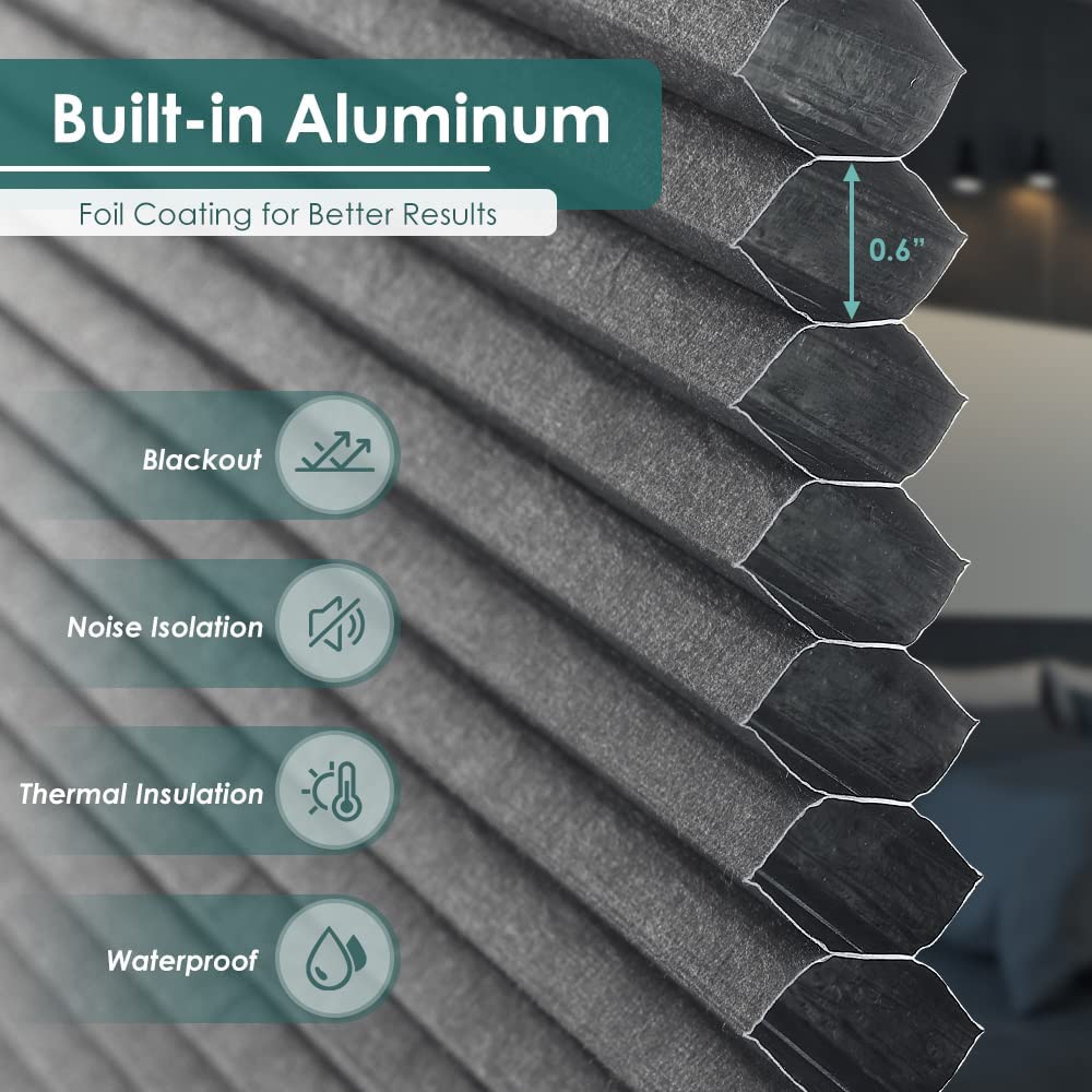 Cordless Cellular Shades Blackout Honeycomb Window Blind, Grey-White