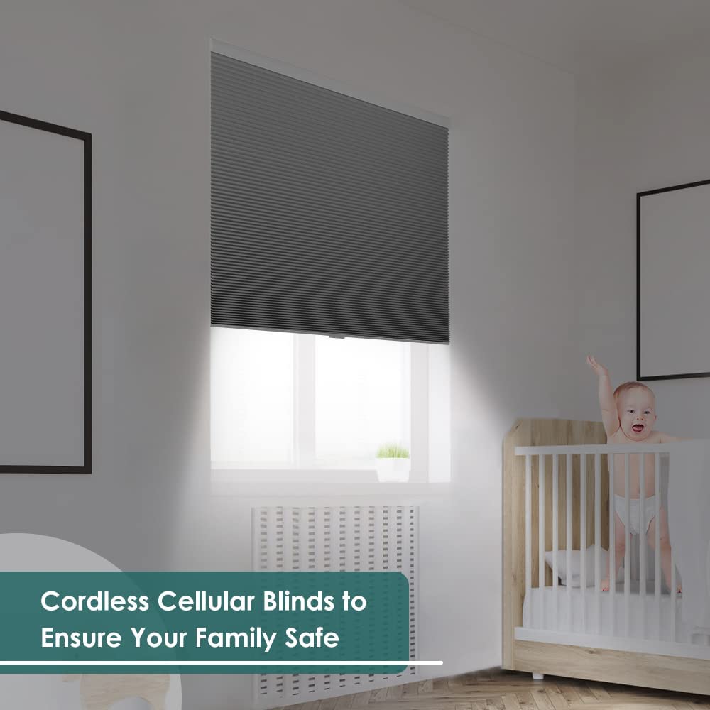 Cordless Cellular Shades Blackout Honeycomb Window Blind, Grey-White